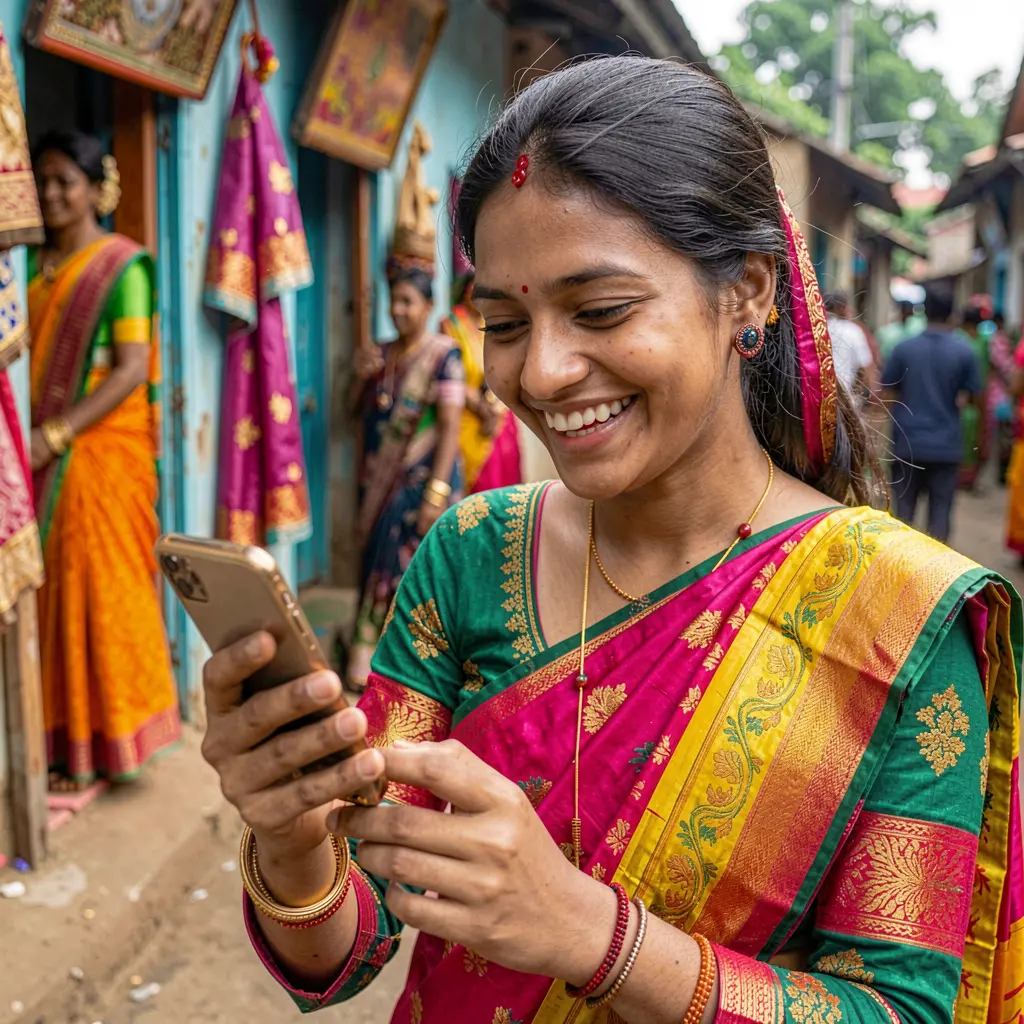 Smiling Bangladeshi woman in traditional attire enjoying the MMM999 mobile casino app on her smartphone