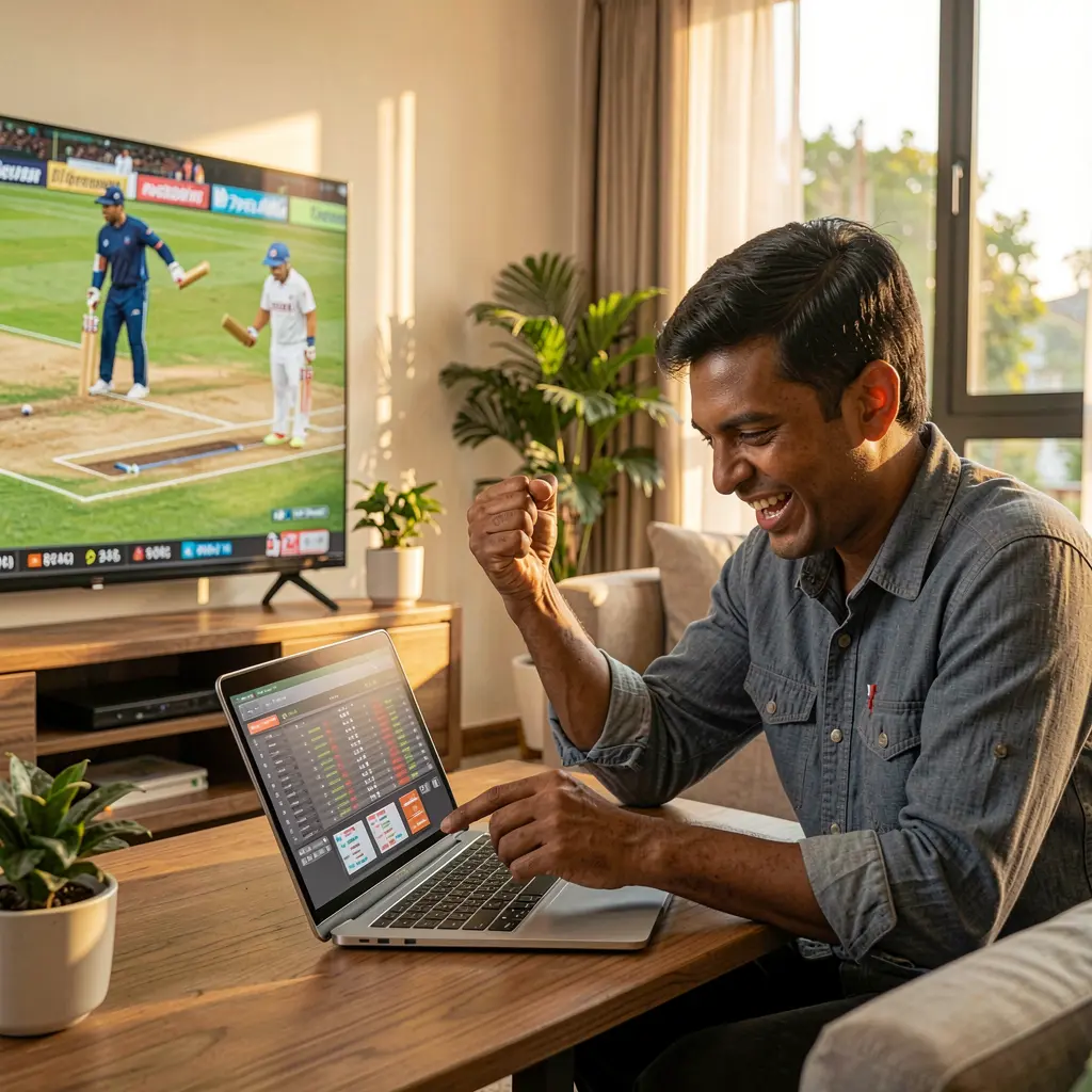 Happy Bangladeshi sports betting enthusiast celebrating a winning moment while placing online bets on a laptop with live cricket action behind on MMM999