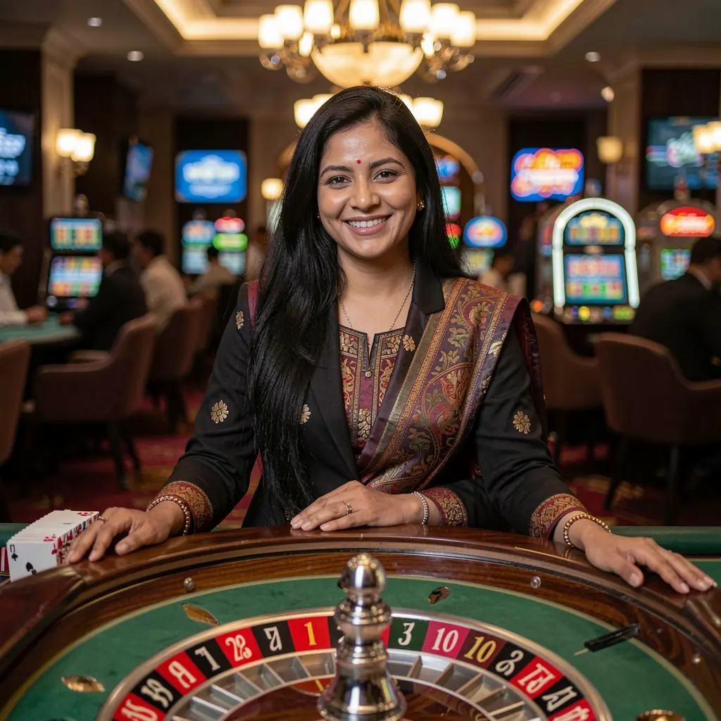 Professional live casino dealer in a red uniform standing at a roulette table with glowing lights creating an immersive online casino atmosphere at MMM999 for players in Bangladesh