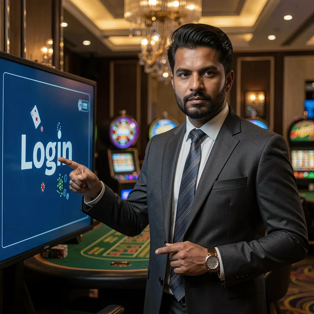 Confident Bangladeshi casino dealer pointing at a glowing login sign inside a modern MMM999 casino environment