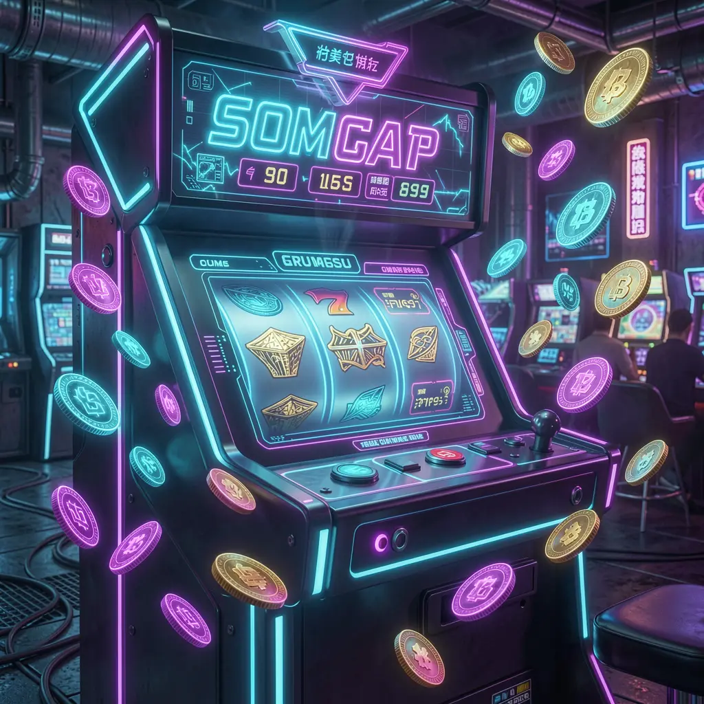 Futuristic slot machine with glowing reels and floating coins in a neon casino atmosphere showcasing the immersive gaming experience at MMM999